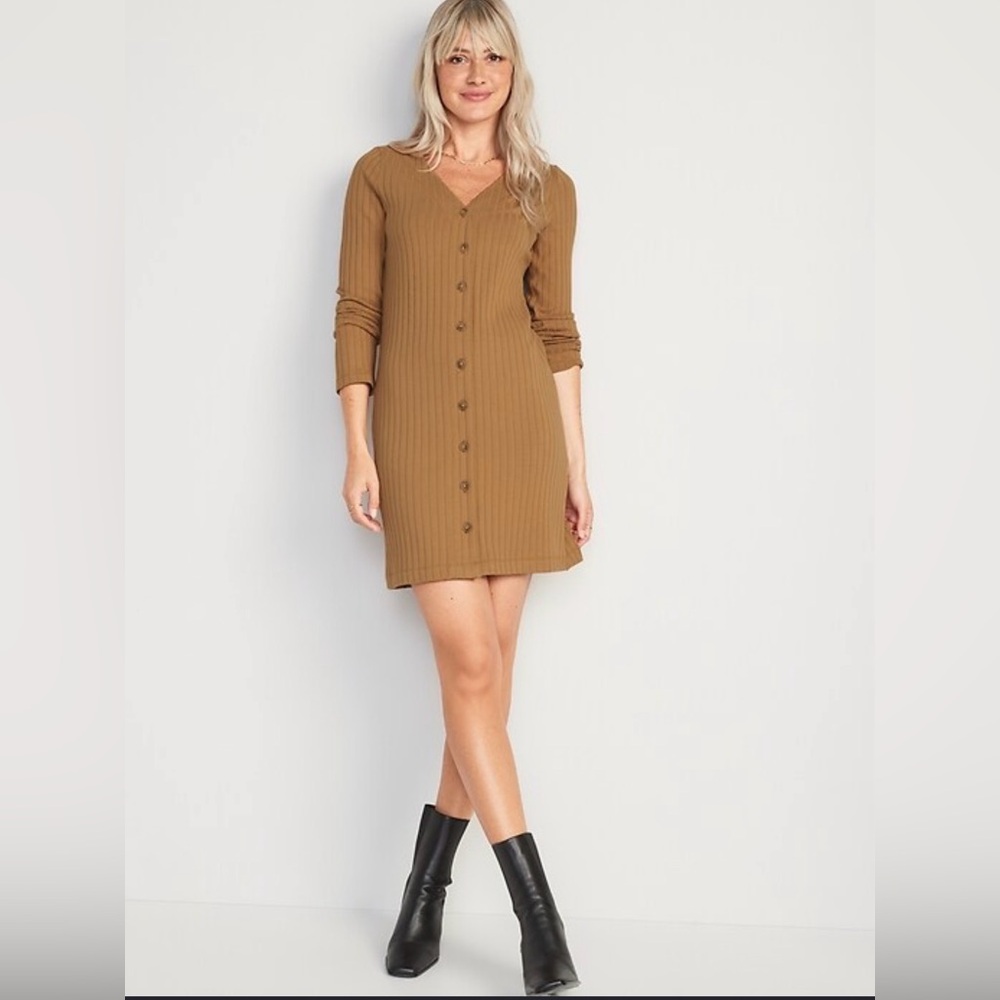 American Eagle Outfitters Ribbed Button-Front Mini Dress in Camel